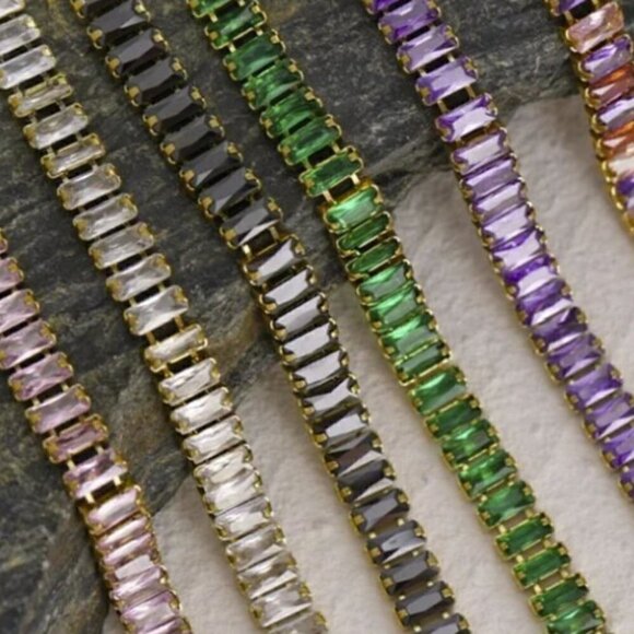 Gold Plated Stainless Steel with Emerald Baguette Cubic Zirconia - Picture 2 of 7